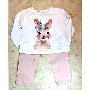Zara Baby Collection Bunny Long Sleeve TShirt Dusty Pink Pleated Pant Set 12-18M